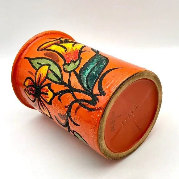 Italian Pottery Wine Crock Vase Atomic Orange Textured Lava Lily Flower Italy